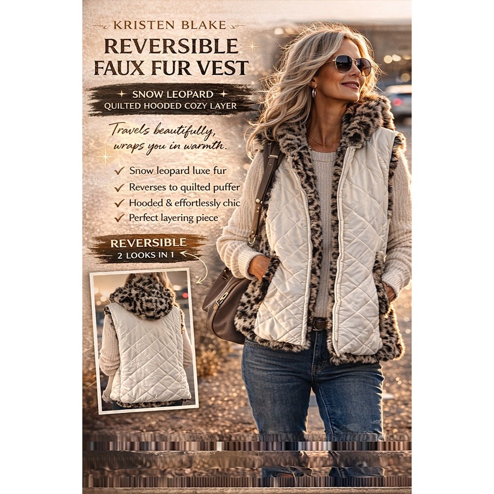 Kristen Blake Reversible Faux Fur Vest Snow Leopard Quilted Hooded Ivory Women - Picture 4 of 14